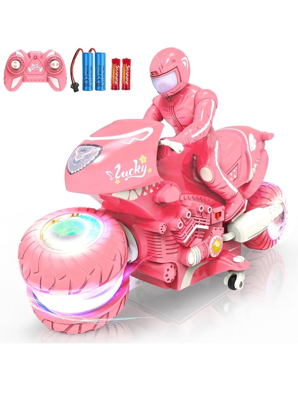 Pink Lucky Motorbike Ride-On Toy with Lights - Kids Remote Control Motorcycle